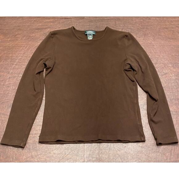 Lauren Ralph Lauren Women’s Brown Ribbed Long Sleeve Top Size L Stretch Classic - Picture 1 of 7